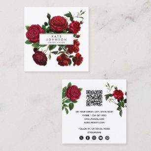 Vintage Burgundy Red Roses Floral Flowers QR Code Square Business Card