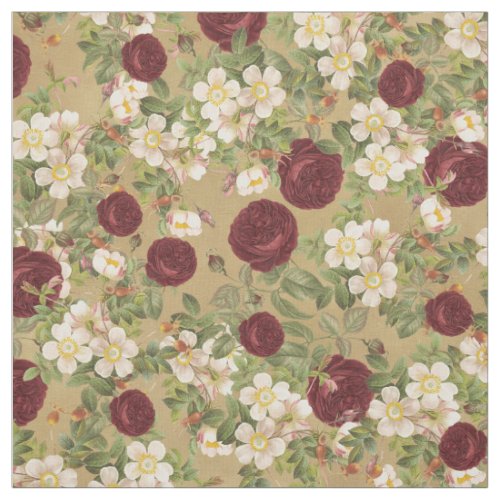 Vintage Burgundy Red  White Roses with Buds Fabric