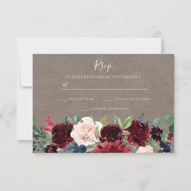 Vintage Burgundy Red Wine Floral Wedding RSVP Card (Front)