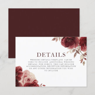 Vintage Burgundy Rose Elegance Wedding Details Enclosure Card