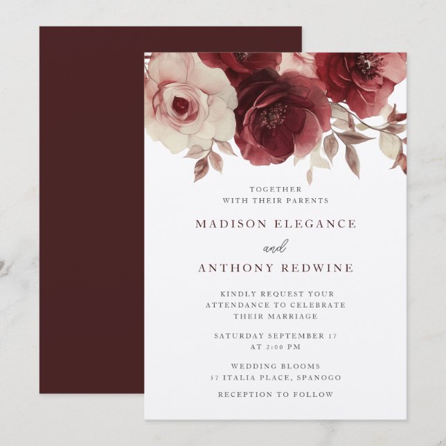 Vintage Burgundy Rose Elegance Wedding  Invitation (Front/Back)