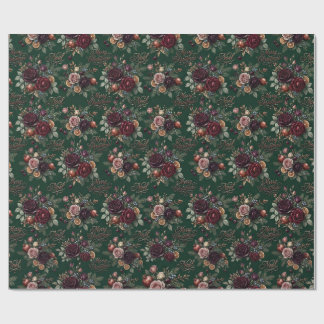 Vintage Burgundy Rose Floral & Citrus Christmas Wrapping Paper