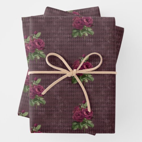 Vintage Burgundy Rose on Harlequin Wrapping Paper Sheets