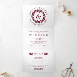 Vintage burgundy rose wreath white wedding Tri-Fold invitation