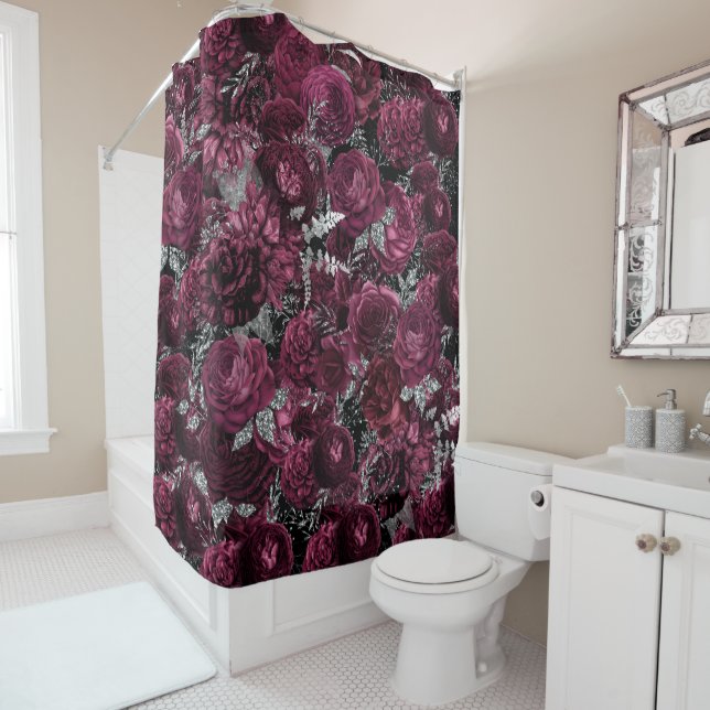 Vintage burgundy silver botanical rose collage shower curtain (In Situ)