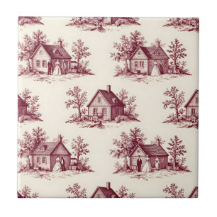 Vintage Burgundy Toile Village Pattern Ceramic Tile