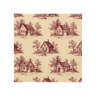 Vintage Burgundy Toile Village Pattern Wood Wall Art