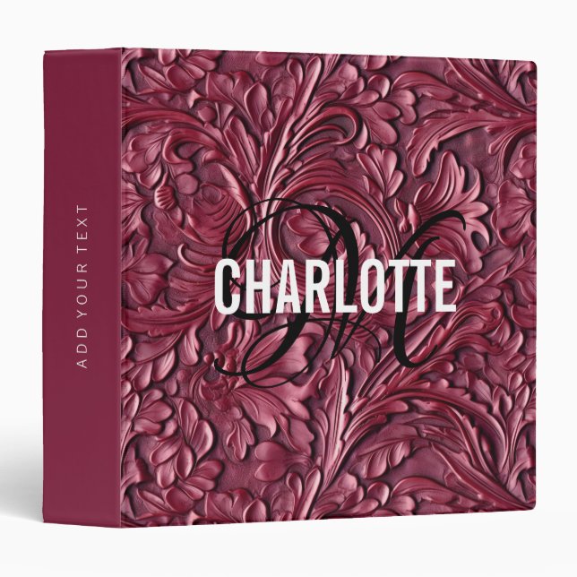 Vintage burgundy tooled leather monogram name 3 ring binder (Front/Spine)