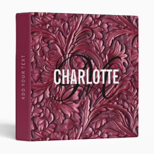 Vintage burgundy tooled leather monogram name 3 ring binder