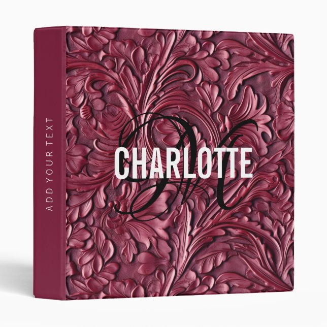 Vintage burgundy tooled leather monogram name 3 ring binder (Front/Spine)