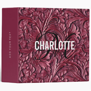 Vintage burgundy tooled leather monogram name 3 ring binder