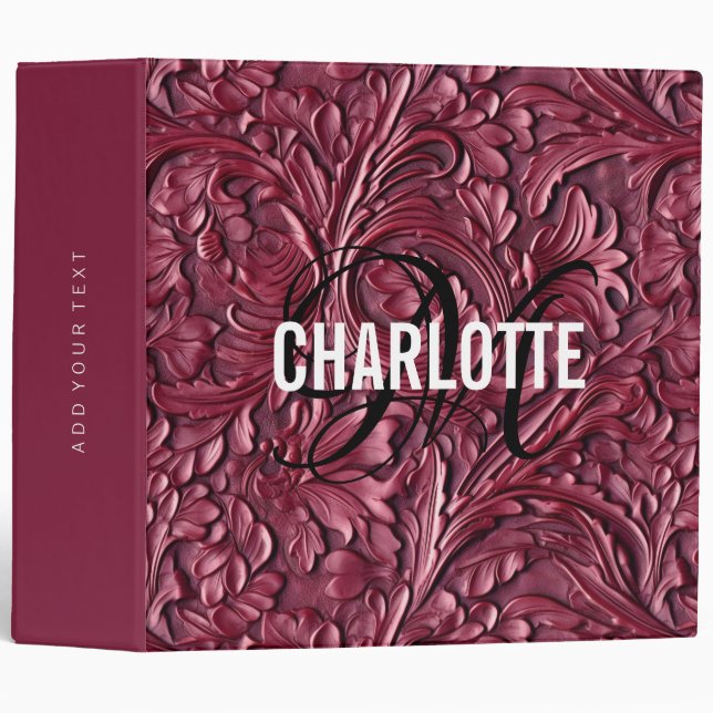 Vintage burgundy tooled leather monogram name 3 ring binder (Front/Spine)