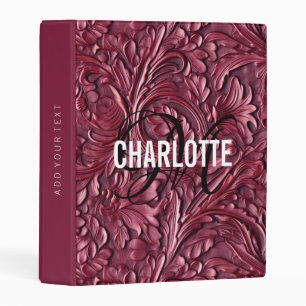 Vintage burgundy tooled leather monogram name mini binder