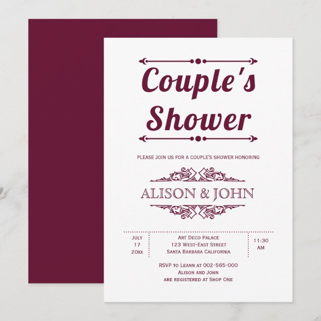 Vintage burgundy typography couples shower invitation (Front/Back)