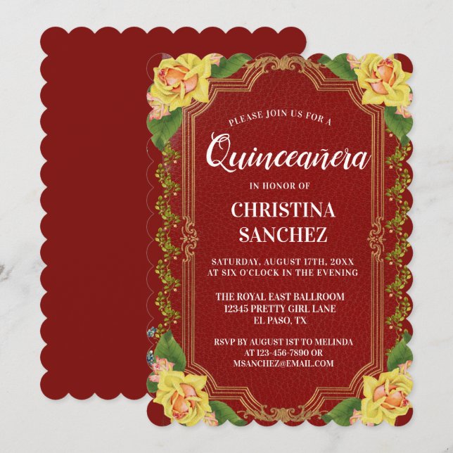 Vintage Burgundy Yellow Rose Quinceanera Birthday Invitation (Front/Back)