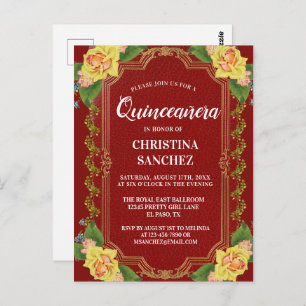 Vintage Burgundy Yellow Rose Quinceanera Birthday Postcard