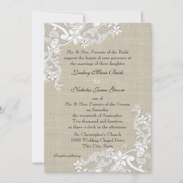 Vintage Burlap and Lace Wedding Invitation (Front)