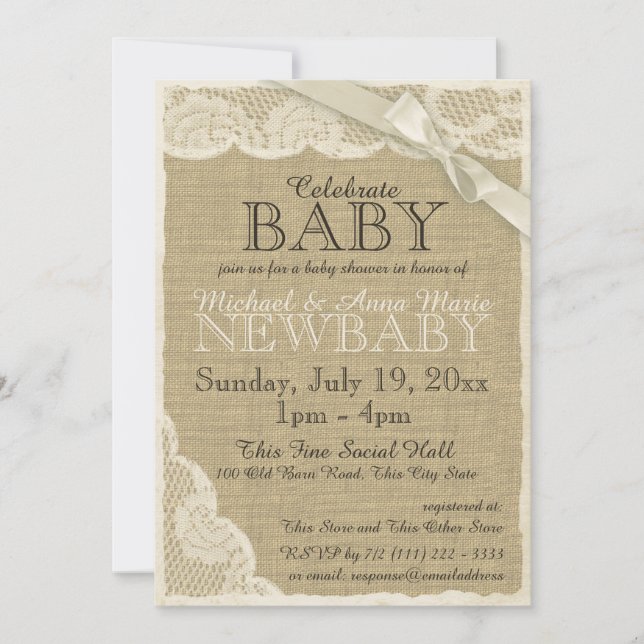 Vintage Burlap and Lace with Bow Baby Shower Invitation (Front)