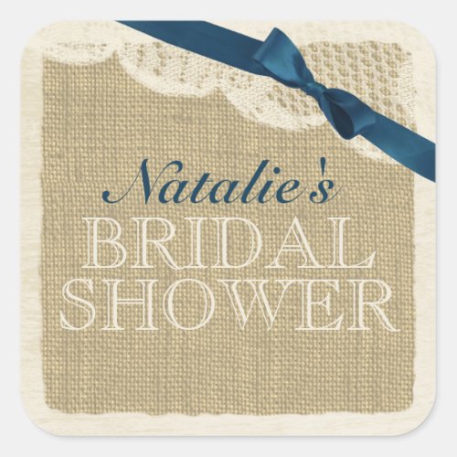 Vintage Burlap and Lace with Navy Blue Bow Square Sticker