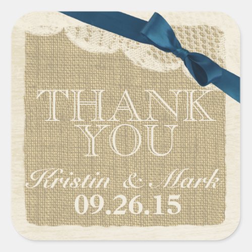 Vintage Burlap and Lace with Navy Blue Bow Square Sticker