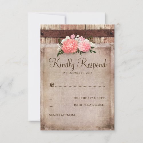 Vintage Burlap and Rustic Wood Floral Wedding RSVP - Pink flowers bouquet rustic country wedding reply cards