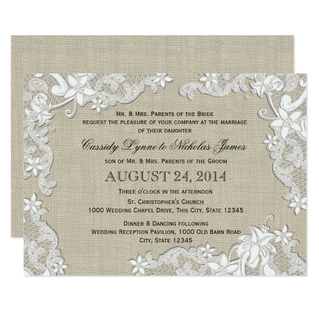 Vintage Burlap And White Lace Wedding Invitation