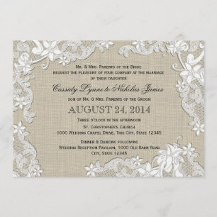 Vintage Burlap and White Lace Wedding Invitation