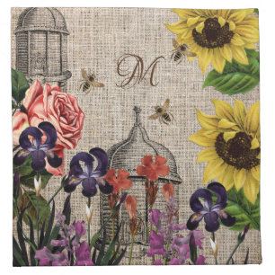 Vintage Burlap Beehive  & Sunflower Monogram Cloth Napkin