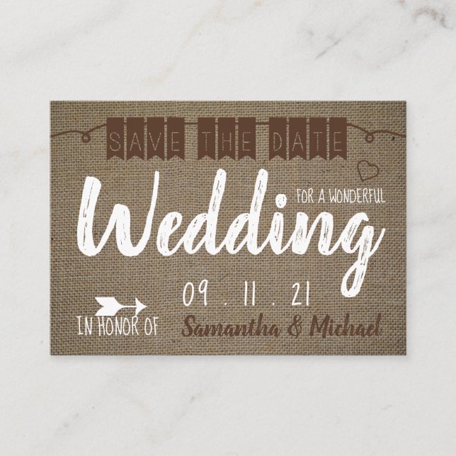 Vintage Burlap Effect, Save the Date Enclosure Card (Front)