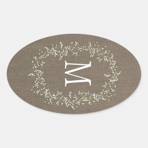 Vintage Burlap Floral Monogram Oval Sticker