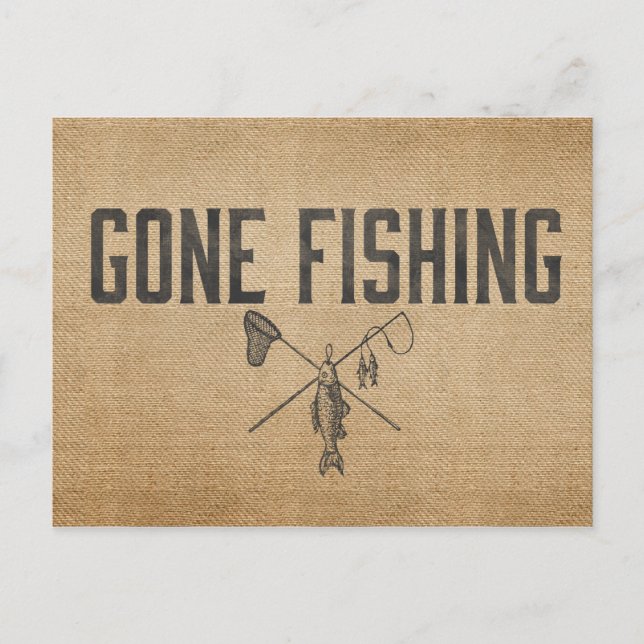 Vintage Burlap Gone Fishing Postcard (Front)