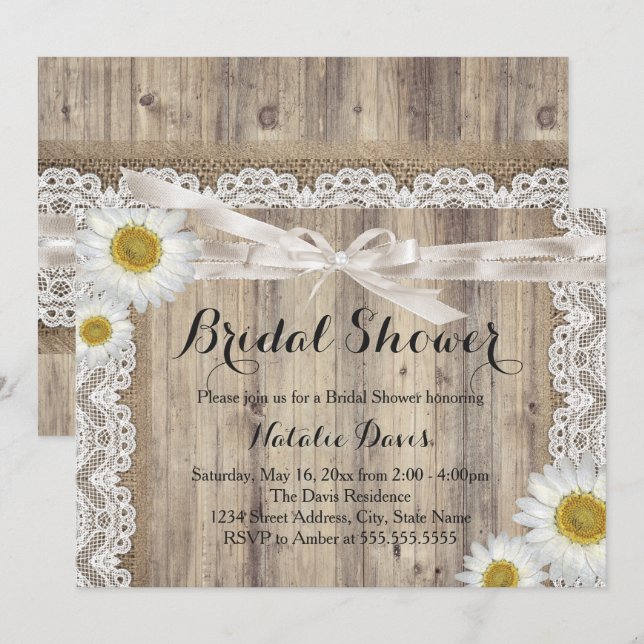 Vintage Burlap Lace & Daisy Bridal Shower Invite (Front/Back)
