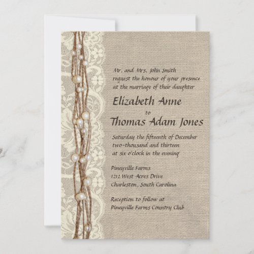 Vintage Burlap Lace Pearls Wedding Invitation