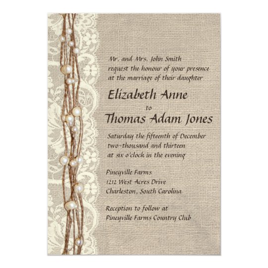 Vintage Burlap Lace Pearls Wedding Invitation Zazzle Vintage Burlap Lace Pearls Wedding Invitation