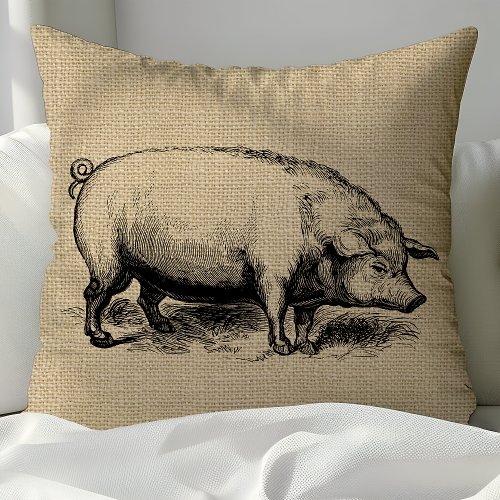 Vintage Burlap Pig Rustic Throw Pillow