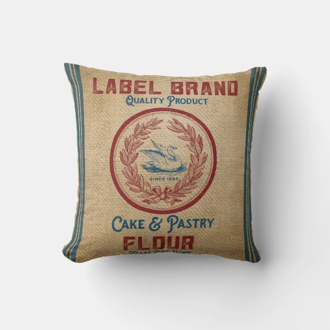 Vintage Burlap Poultry Flour Sack Throw Pillow (Front)