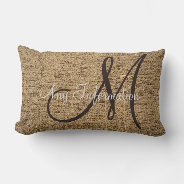 Vintage Burlap Rustic Look Monogram Lumbar Pillow (Front)