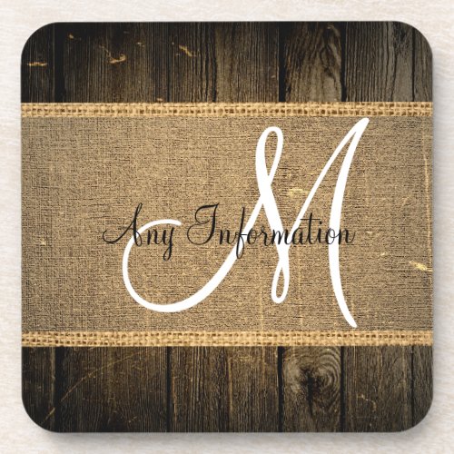 Vintage Burlap Rustic Wood Look Monogram 4 Coaster