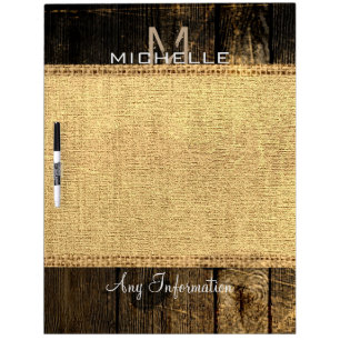 Vintage Burlap Rustic Wood Look Monogram #4 Dry Erase Board