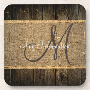 Vintage Burlap Rustic Wood Look Monogram #5 Coaster