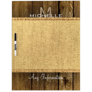 Vintage Burlap Rustic Wood Look Monogram Dry Erase Board