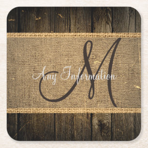 Vintage Burlap Rustic Wood Look Monogram Square Paper Coaster