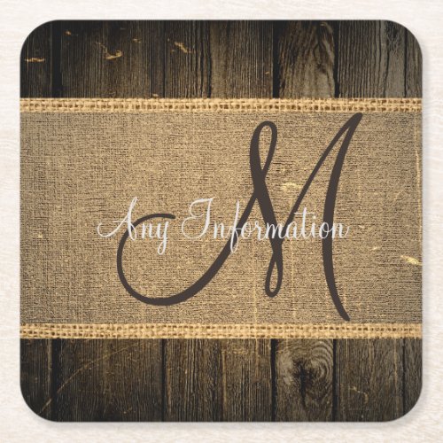 Vintage Burlap Rustic Wood Look Monogram Square Paper Coaster