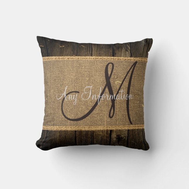 Vintage Burlap Rustic Wood Look Monogram Throw Pillow (Front)
