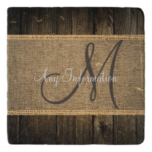 Vintage Burlap Rustic Wood Look Monogram Trivet