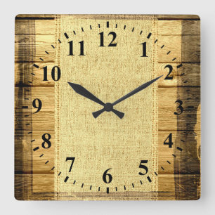 Vintage Burlap Rustic Wood Look Square Wall Clock