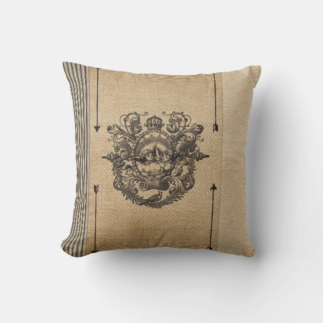 Vintage Burlap Stylish Personalized Throw Pillow (Front)