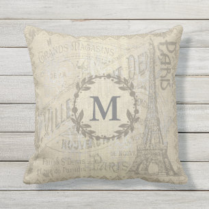 Vintage Burlap Textured PARIS Outdoor Pillow
