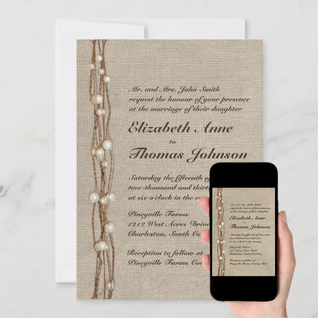 Vintage Burlap Twine Pearls Wedding Invitation Zazzle