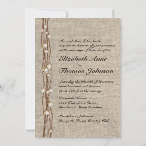 Vintage Burlap Twine Pearls Wedding Invitation